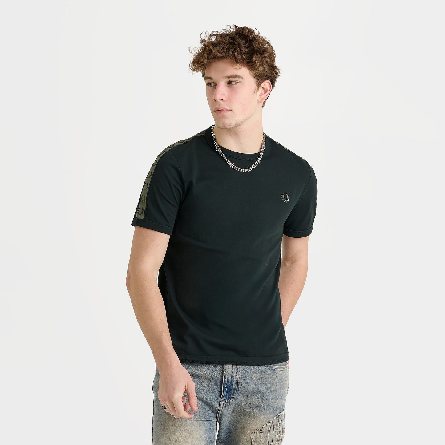Men's Fred Perry Contrast Tape Ringer T-Shirt - Black/Night Green