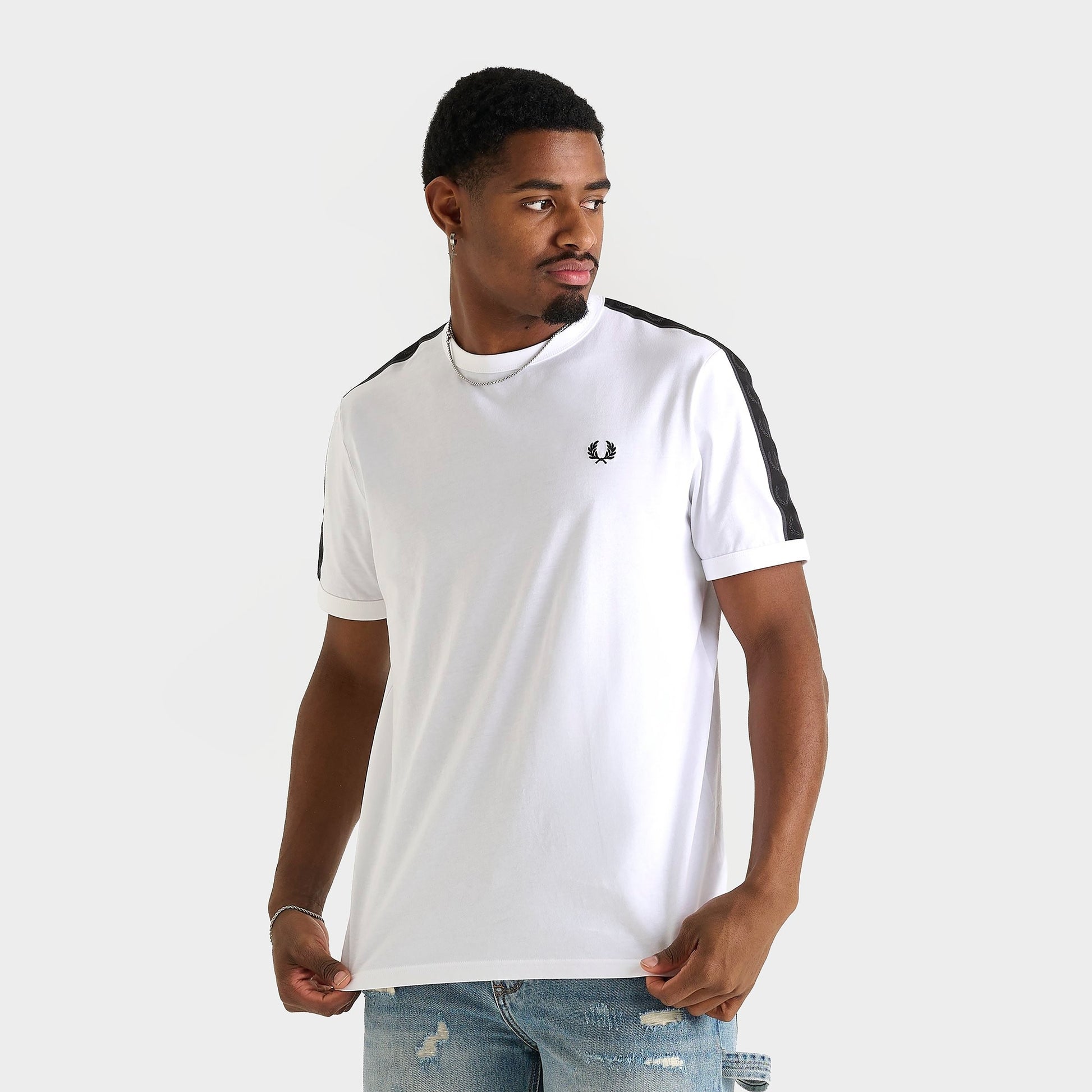 Men's Fred Perry Contrast Tape Ringer T-Shirt - White/Anchor Grey