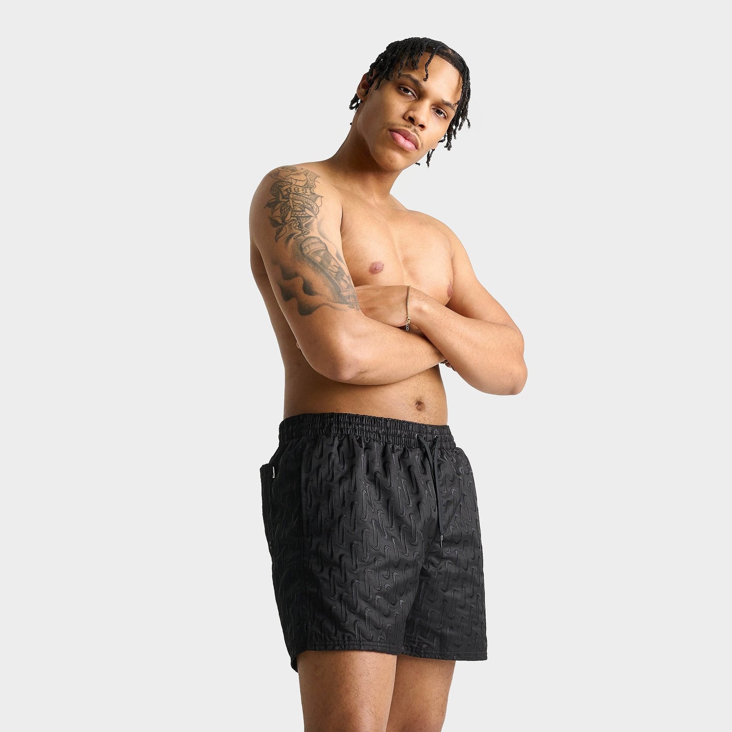 Men's Nike Swim Breaker Swoosh Link Lined Volley Swim Shorts - Black