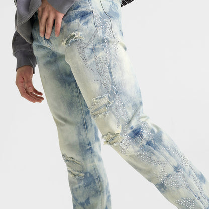 Men's Smoke Rise Rhinestone Scorpion Ripped Denim Jeans - Seville Blue
