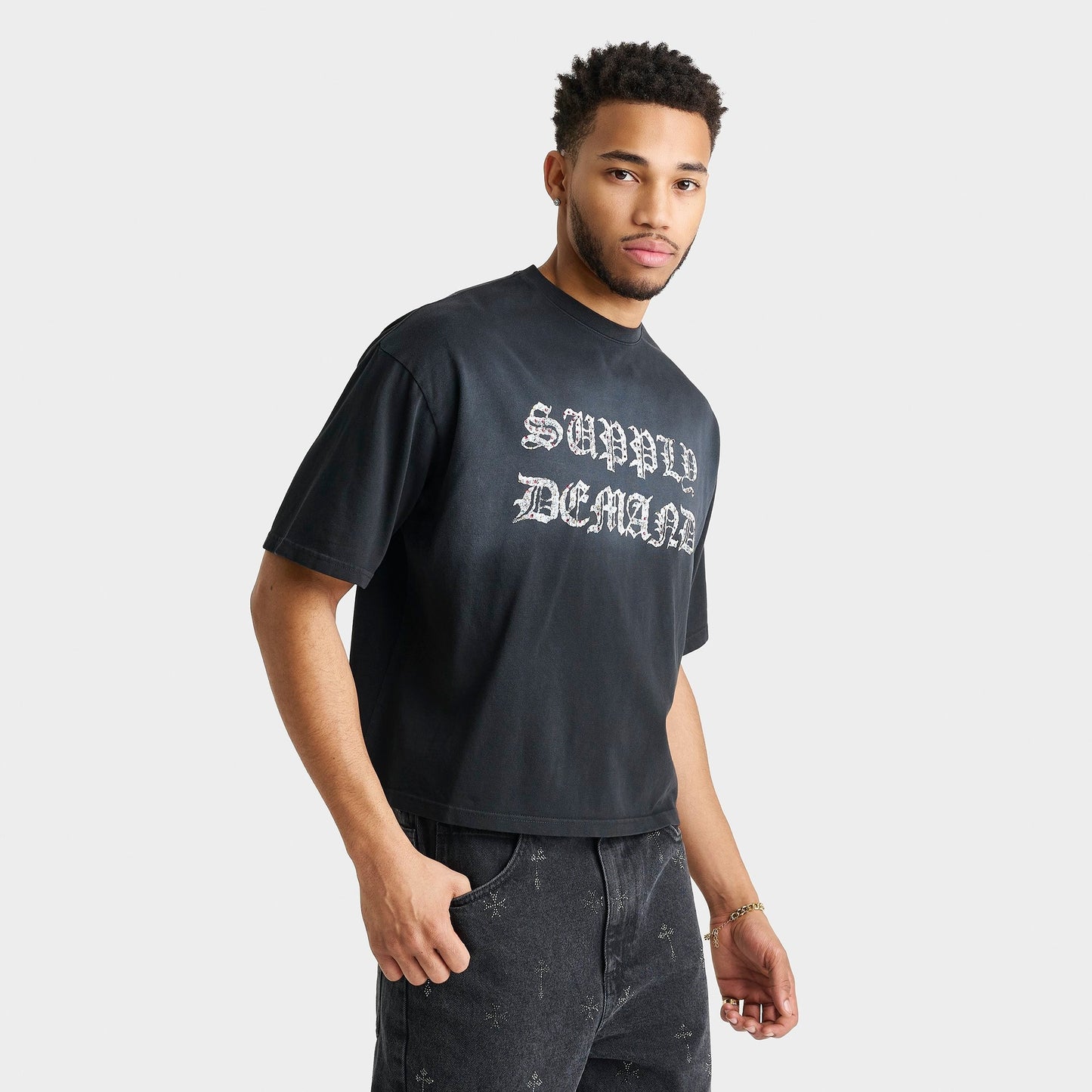 Men's Supply & Demand Glitter Crop T-Shirt - Black