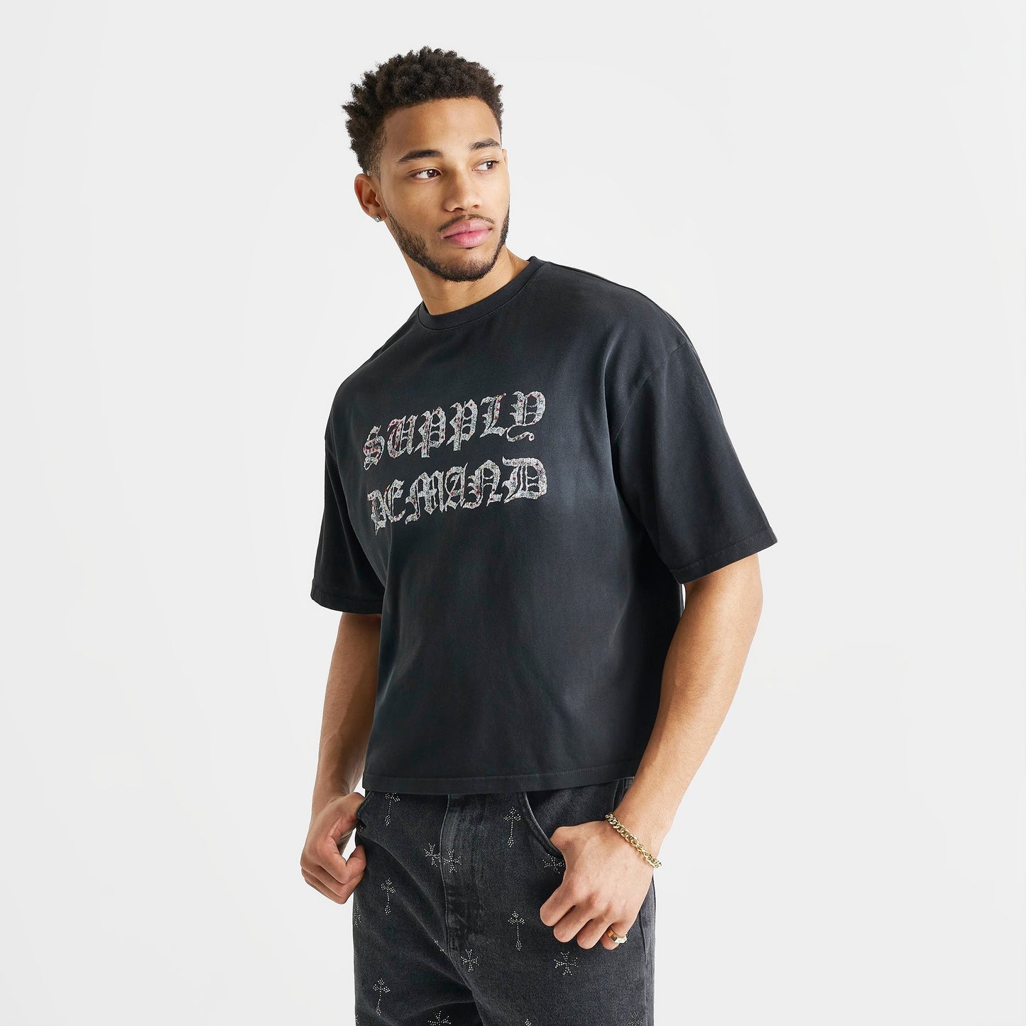 Men's Supply & Demand Glitter Crop T-Shirt - Black