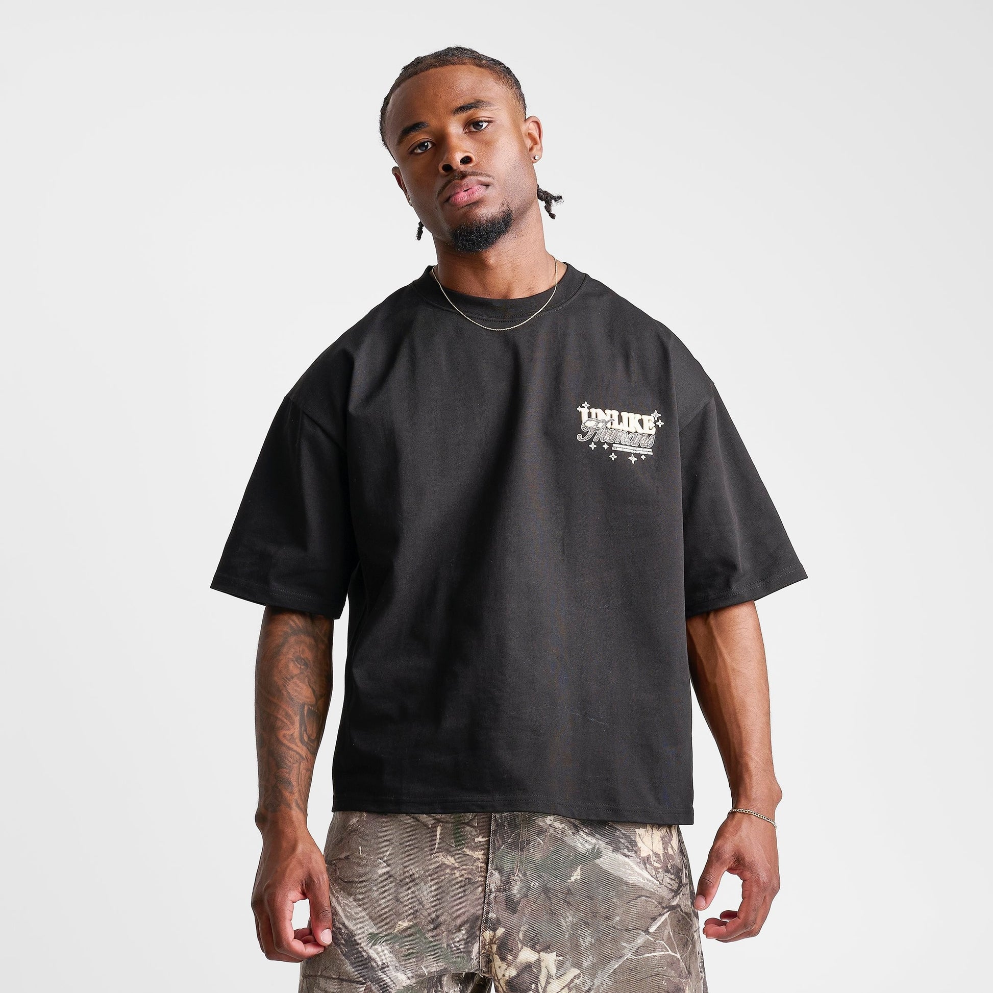 Men's Unlike Humans Steel Loose Cropped T-Shirt - Black/Camo