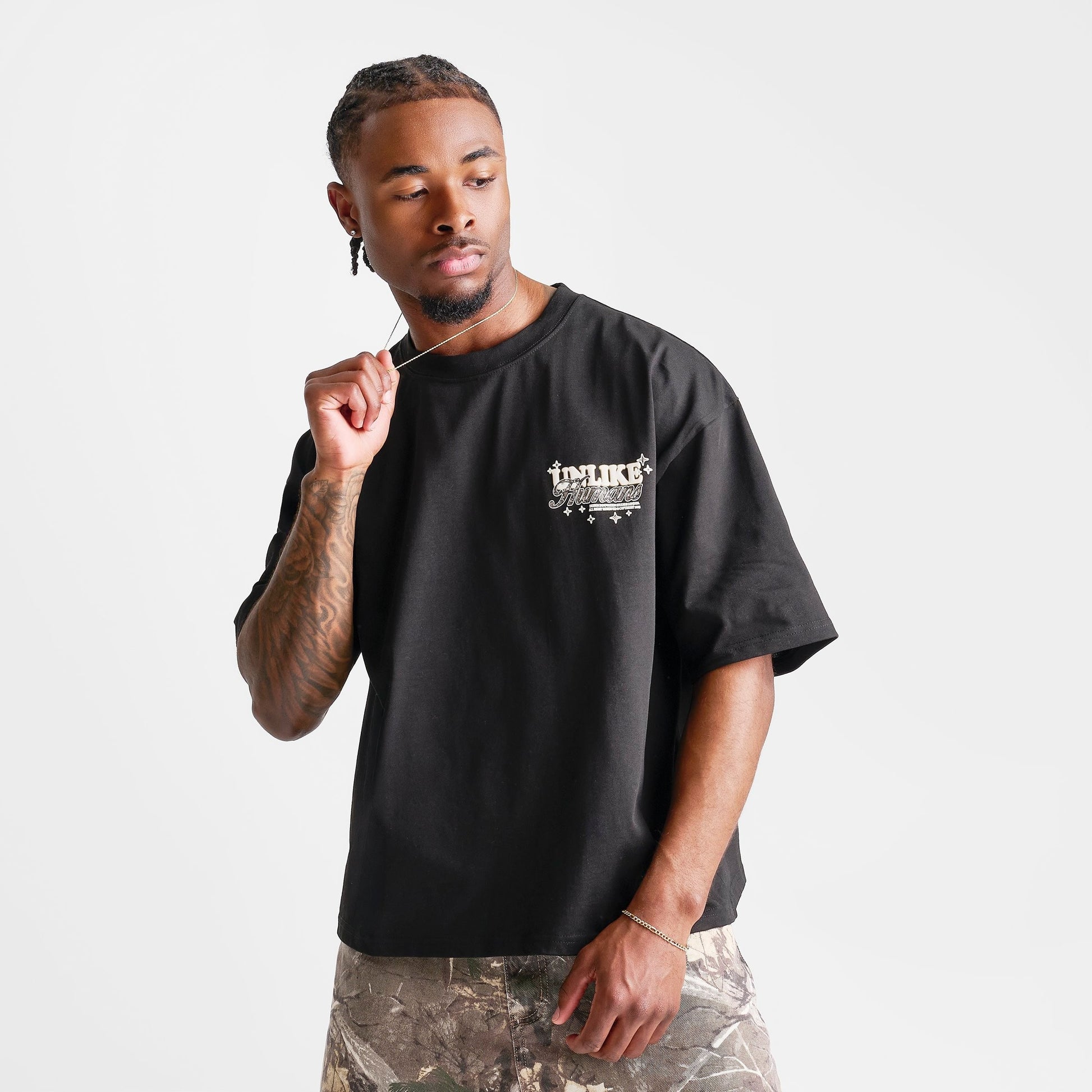 Men's Unlike Humans Steel Loose Cropped T-Shirt - Black/Camo