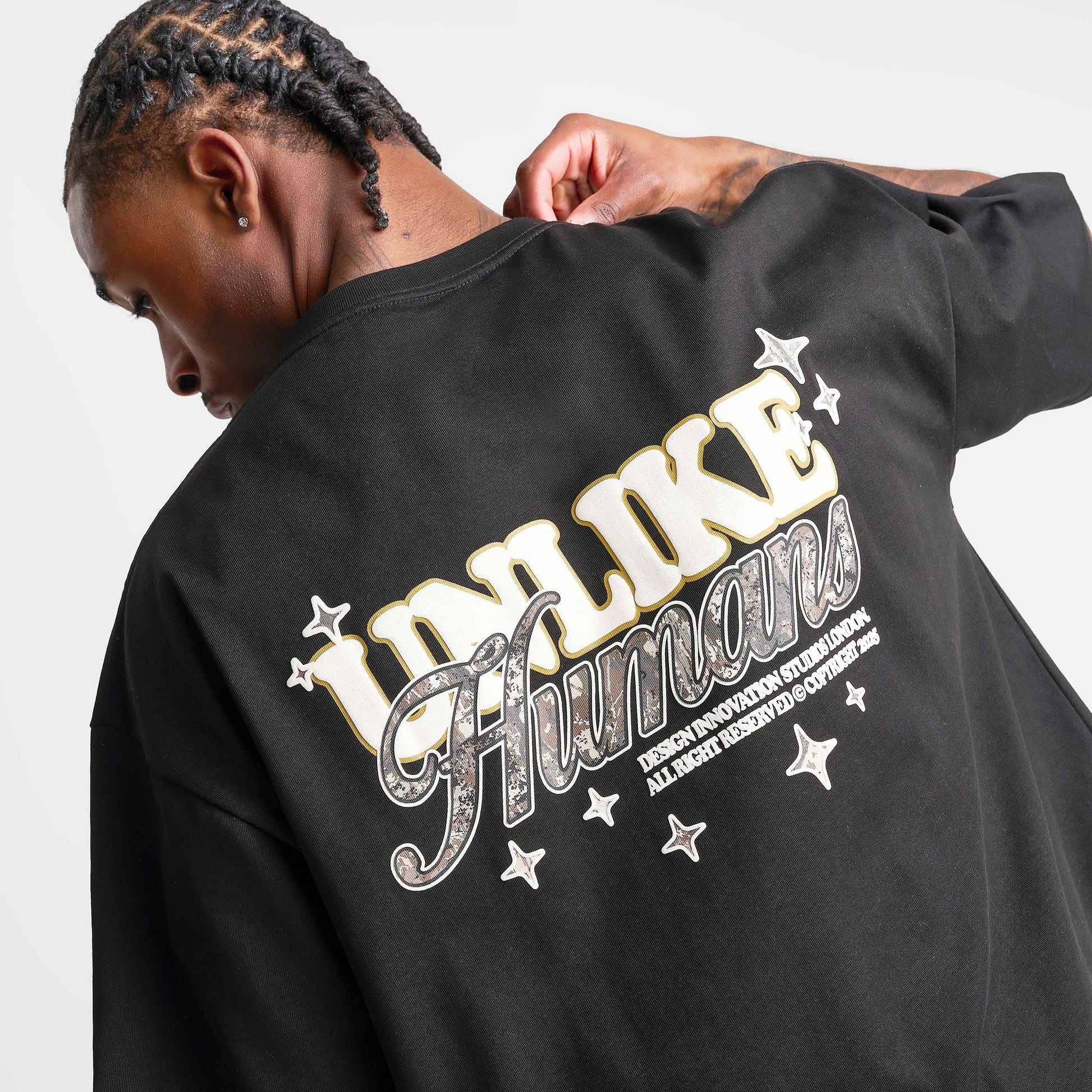 Men's Unlike Humans Steel Loose Cropped T-Shirt - Black/Camo