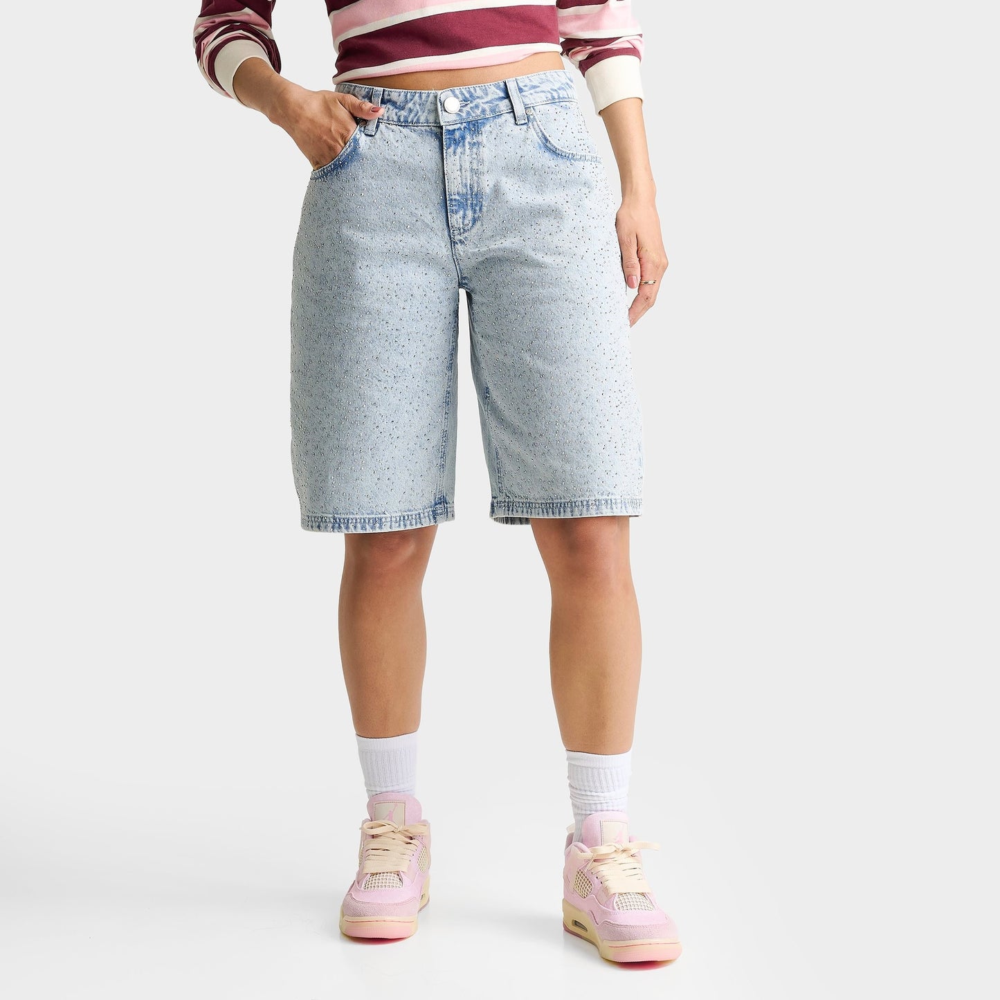 Women's Unlike Humans Rhinestone Denim Jorts - Light Stone Wash