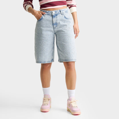 Women's Unlike Humans Rhinestone Denim Jorts - Light Stone Wash