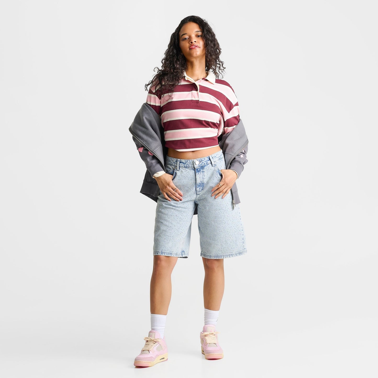 Women's Unlike Humans Rhinestone Denim Jorts - Light Stone Wash