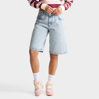 Women's Unlike Humans Rhinestone Denim Jorts - Light Stone Wash