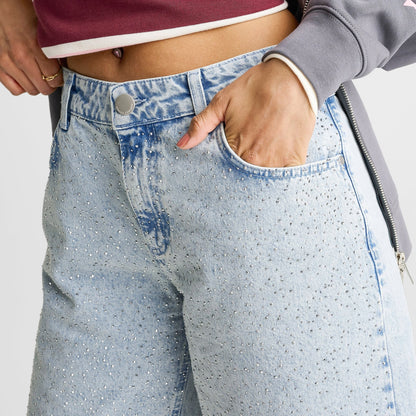 Women's Unlike Humans Rhinestone Denim Jorts - Light Stone Wash