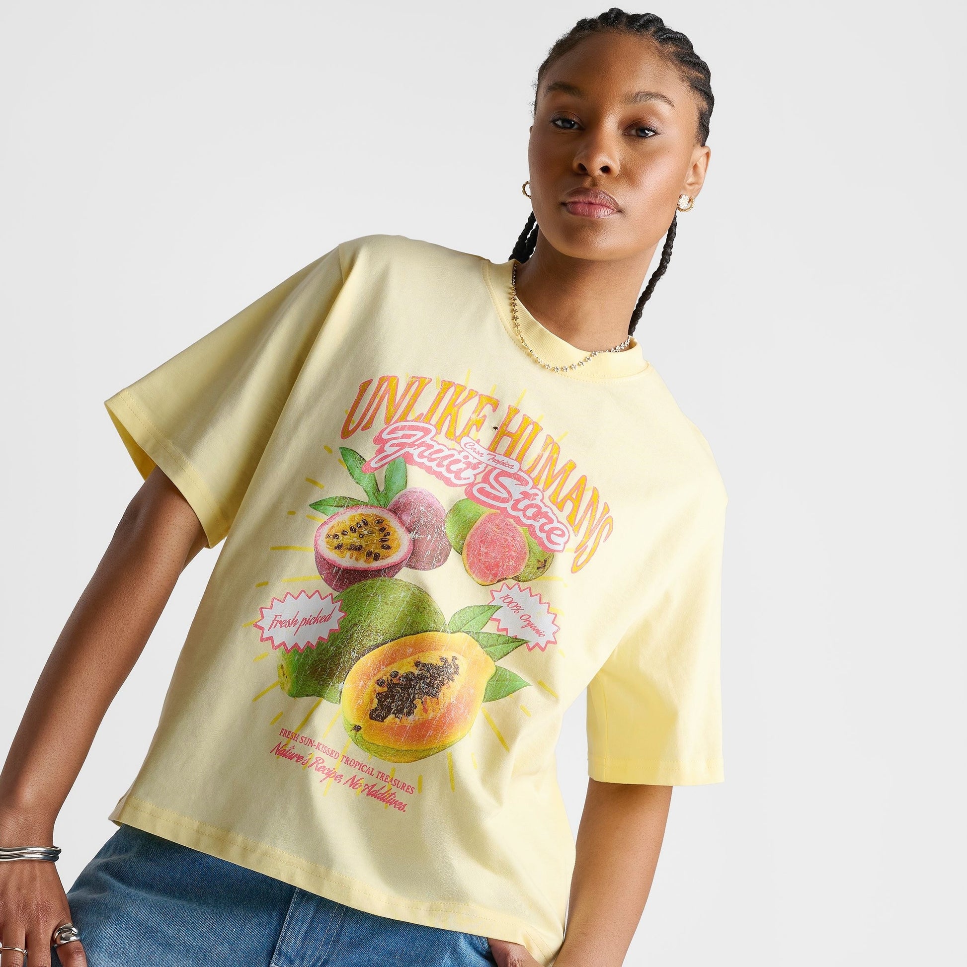 Women's Unlike Humans Tropical Boxy T-Shirt - Pastel Yellow