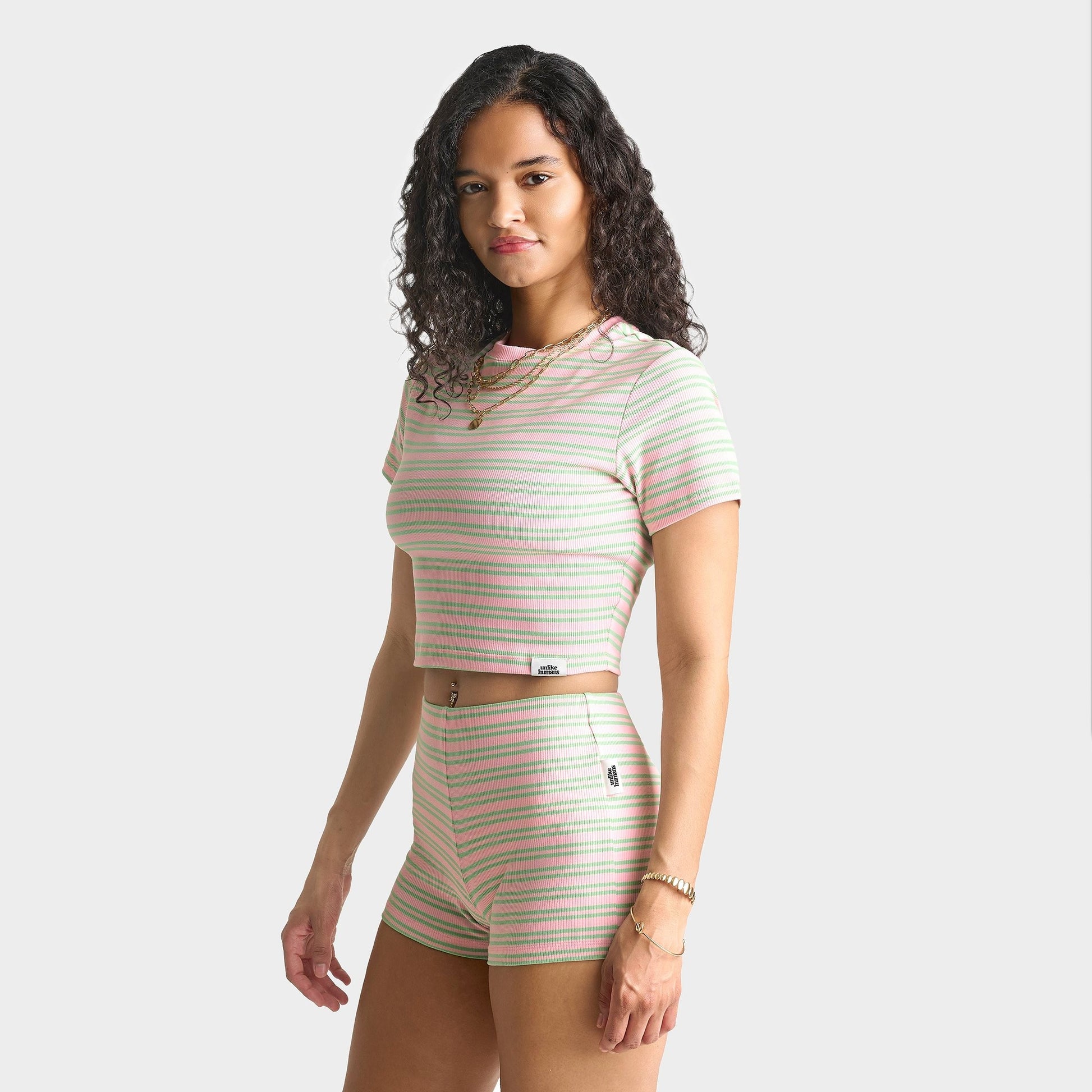Women's Unlike Humans Ribbed Striped Baby T-Shirt - Pink/Green