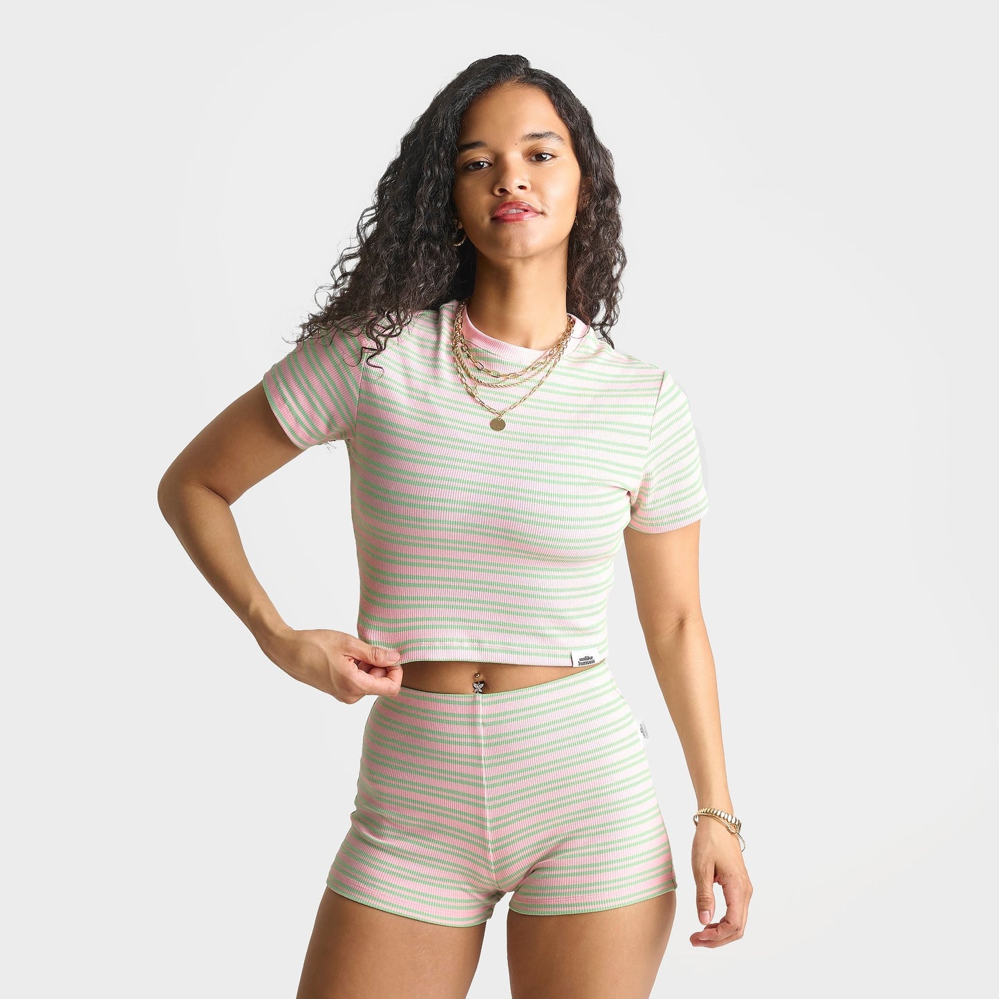 Women's Unlike Humans Ribbed Striped Baby T-Shirt - Pink/Green