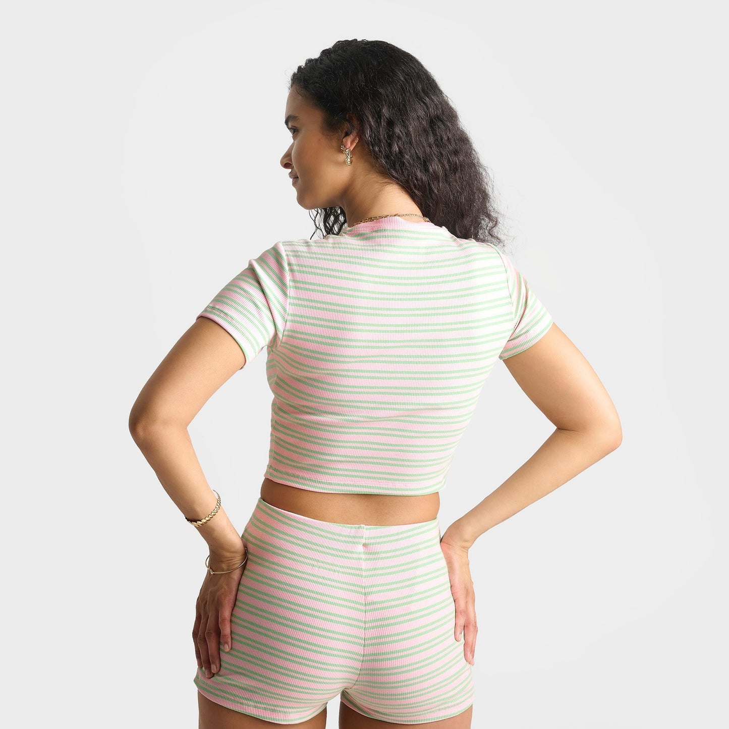 Women's Unlike Humans Ribbed Striped Baby T-Shirt - Pink/Green
