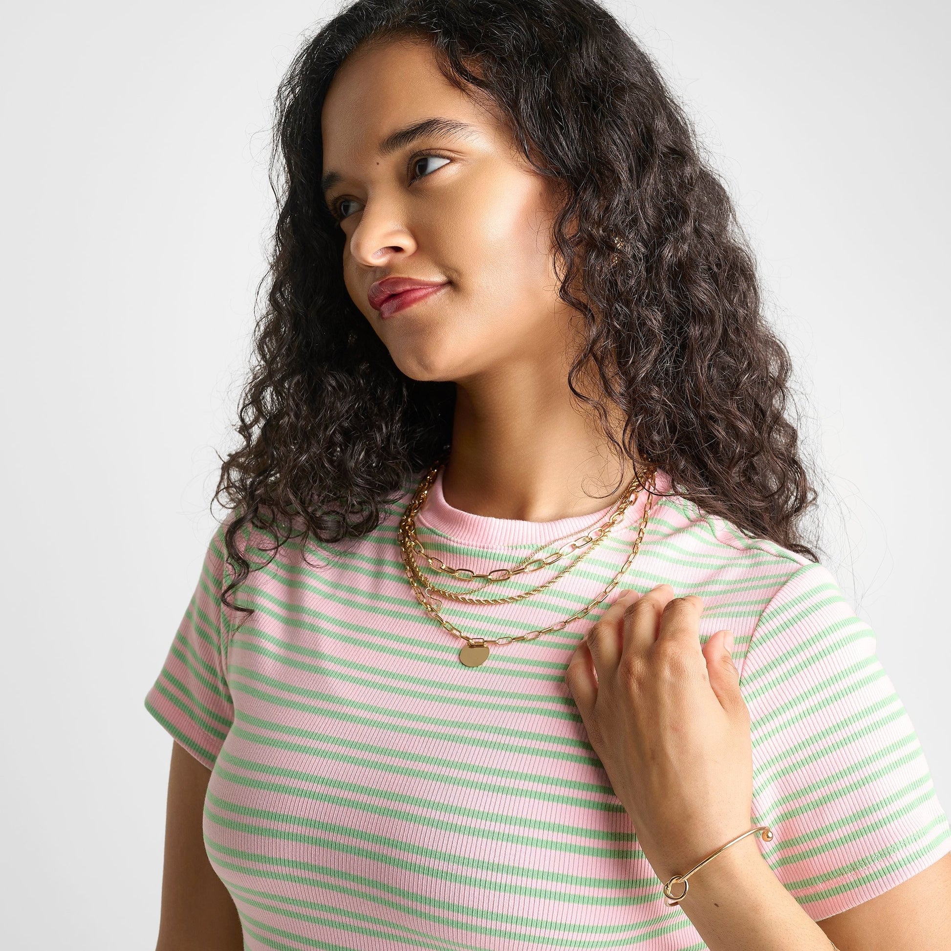 Women's Unlike Humans Ribbed Striped Baby T-Shirt - Pink/Green
