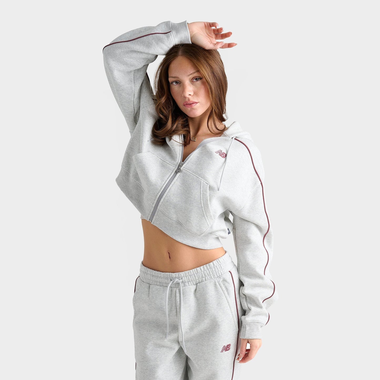 Women's New Balance Piped Cropped Full-Zip Hoodie - Ash Heather/Burgundy