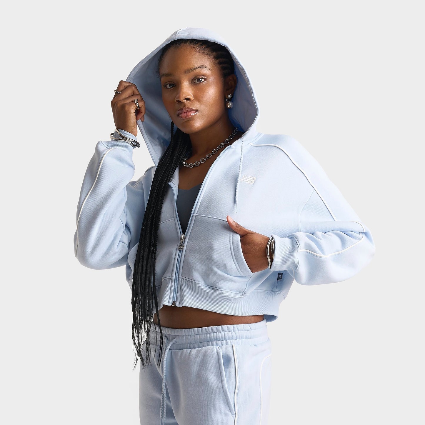 Women's New Balance Piped Cropped Full-Zip Hoodie - Oxford Blue