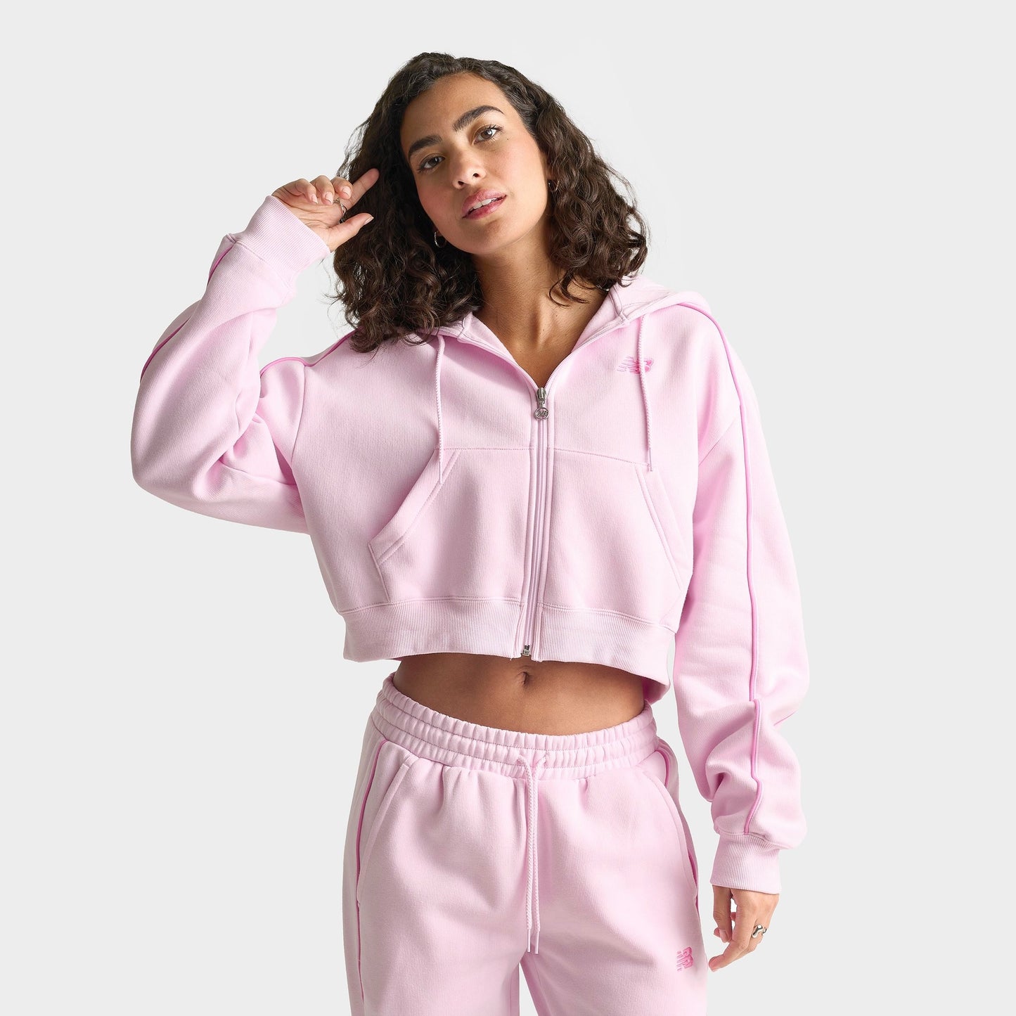 Women's New Balance Piped Cropped Full-Zip Hoodie - Light Raspberry